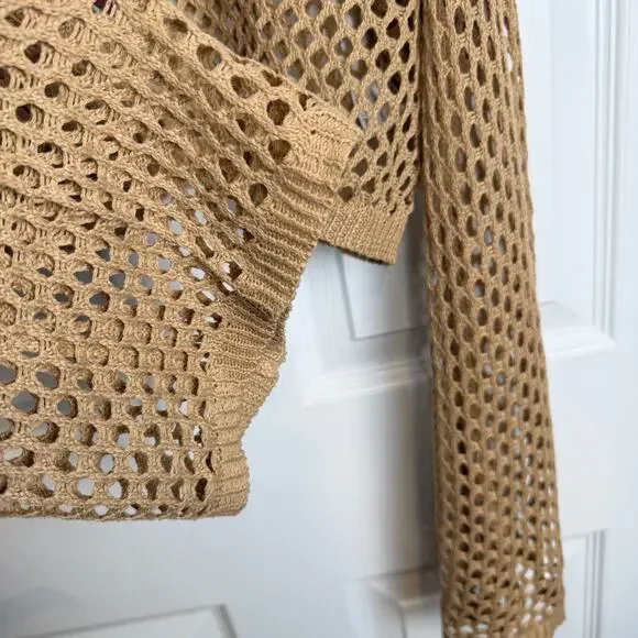 Crochet Mesh Cropped Sweater L Open Weave Festival Boho Beach Cover Up Top Y2K - Picture 5 of 8